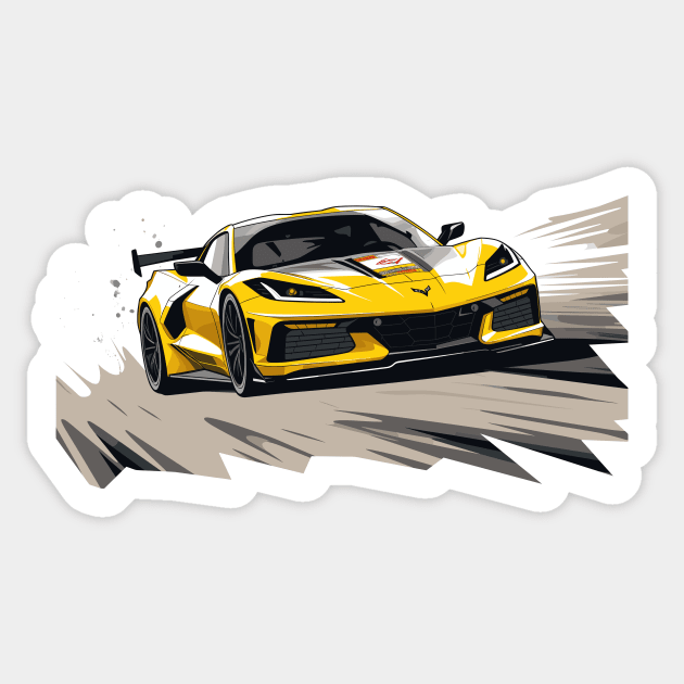 Accelerate Yellow Corvette C8 racecar on a race track Supercar Sports car Racing car Sticker by Tees 4 Thee